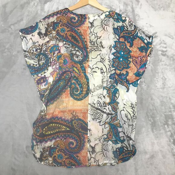 Boston Proper Top Womens Small Paisley Print Beaded Sequin Cap Sleeve V Neck - Picture 2 of 9